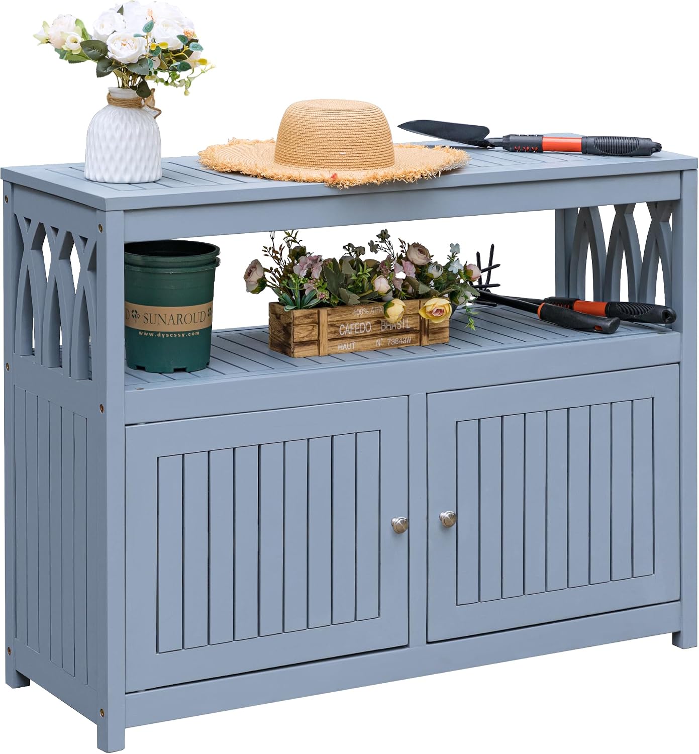 Devoko Acacia Wood Patio Cabinet with 2 Magnetic Doors and Shelve for Outdoor Storage, TV Stand, Potting Table (Gray)