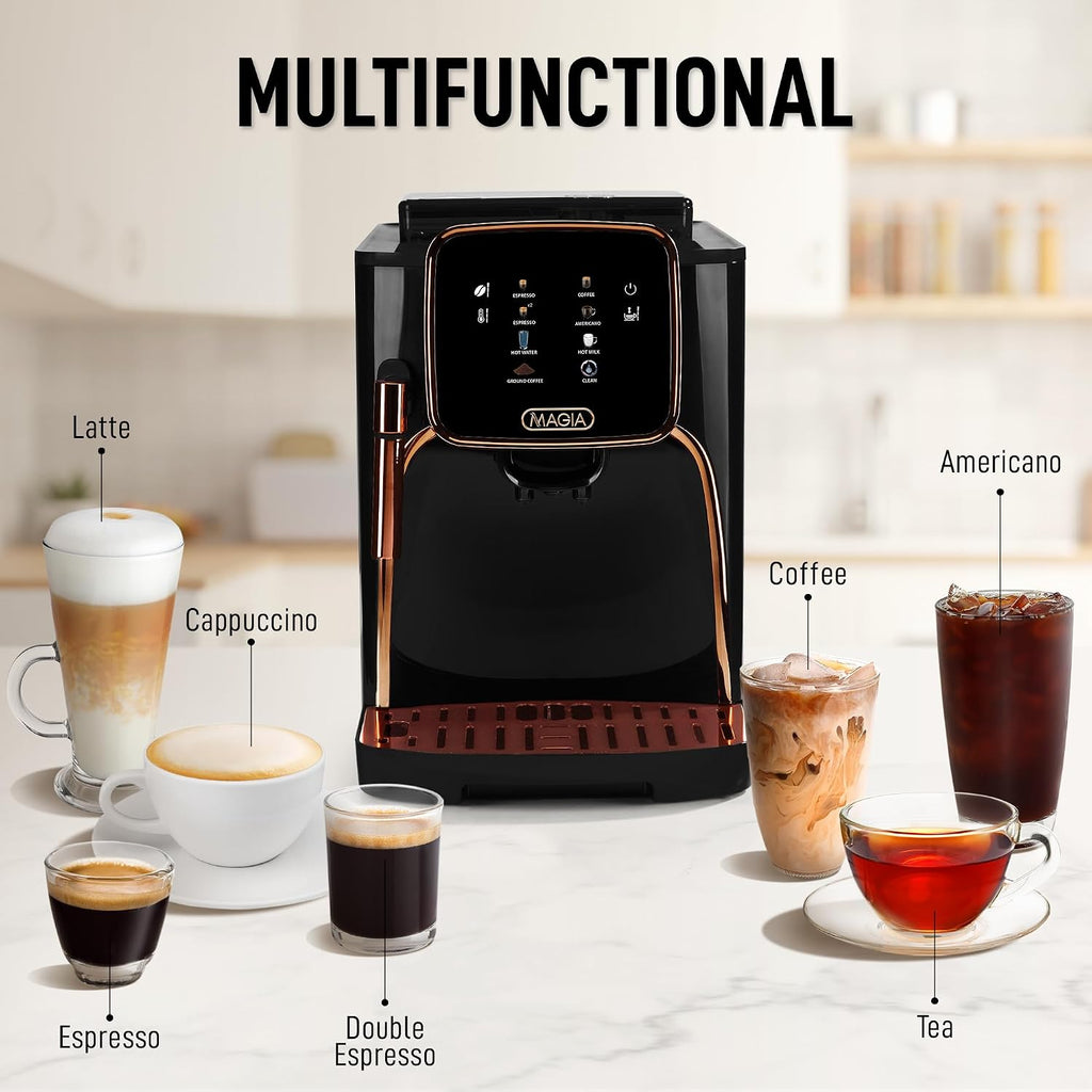 Zulay Kitchen Magia Clasica Automatic Espresso Machine with Built-In Grinder, Touch Panel Coffee Maker, Steam Wand Milk Frother, Adjustable Strength, Self-Cleaning, Black & Copper (13' x 17.7' x 9.4')
