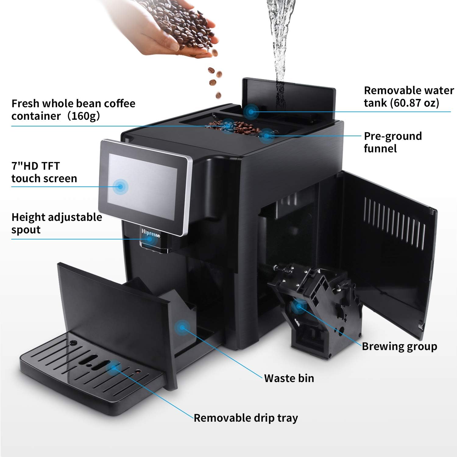 Hipresso Super Fully Automatic Espresso Coffee Machine-7' HD TFT Touchscreen with Milk Frother 19 Bar Pressure