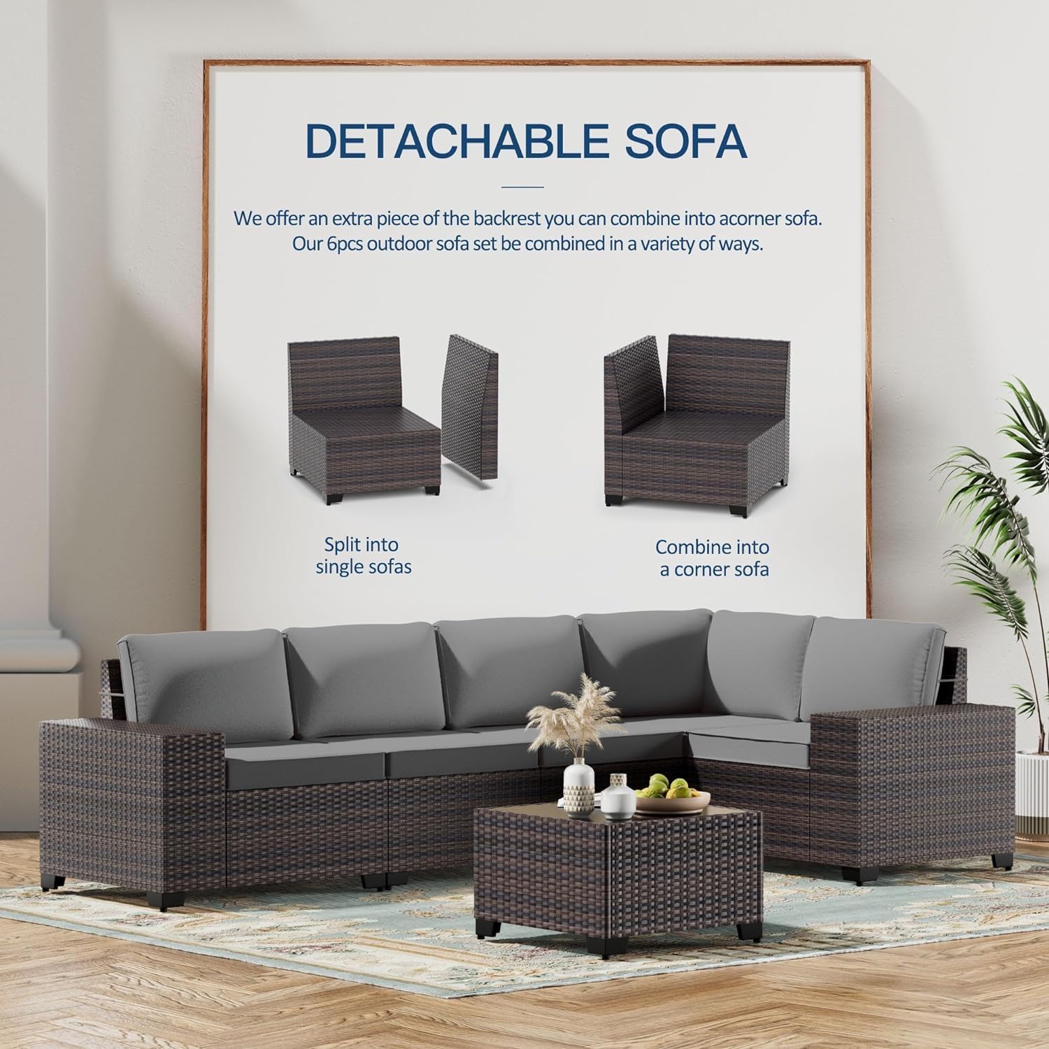 Kullavik Outdoor Patio Furniture Set,12 Pieces Sectional Rattan Sofa Set Brown PE Rattan Wicker Patio Conversation Set with 10 Seat Cushions and 2 Tempered Glass Coffee Table,Grey