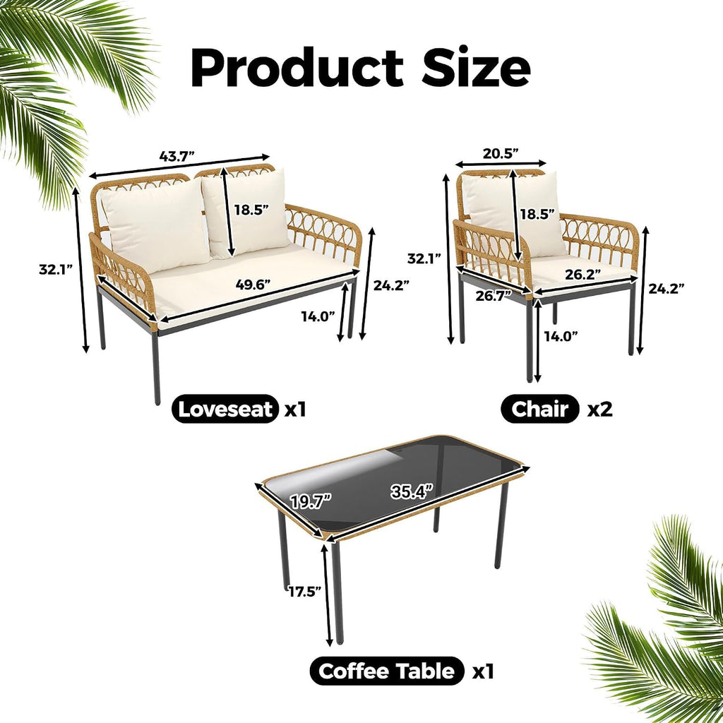 4 Pieces Patio Furniture Set,Outdoor All-Weather Wicker Rattan Bistro Set with Glass Table and Thick Cushions Boho Loveseat Chairs for Balcony Garden Backyard Poolside,Beige