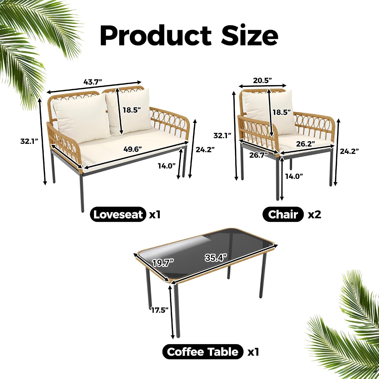 4 Pieces Patio Furniture Set,Outdoor All-Weather Wicker Rattan Bistro Set with Glass Table and Thick Cushions Boho Loveseat Chairs for Balcony Garden Backyard Poolside,Beige
