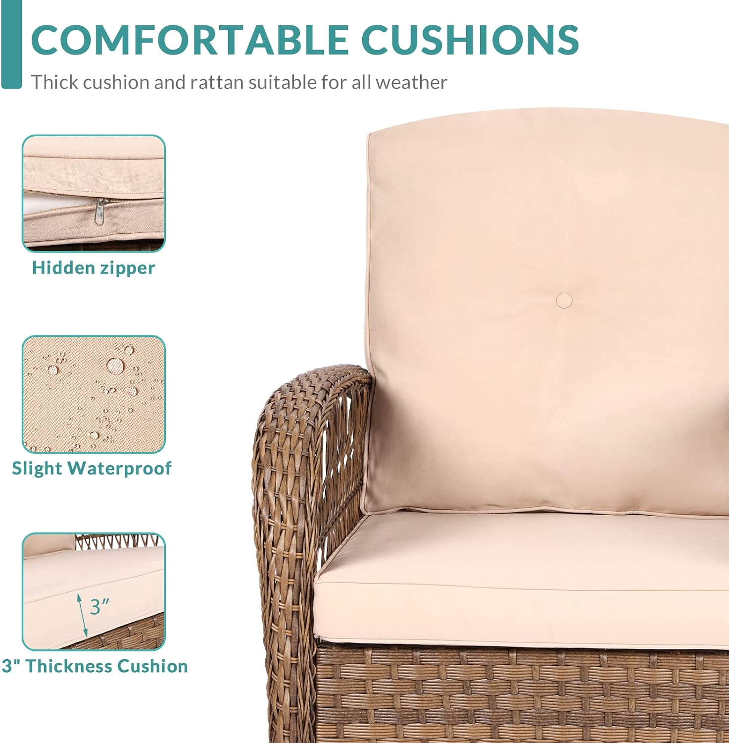MEETWARM Patio Wicker Rocking Glider Set, All-Weather Outdoor Rattan Patio Rocking Chairs of 2, Patio Conversation Set with Thickened Cushions for Porch Garden & Backyard, Brown