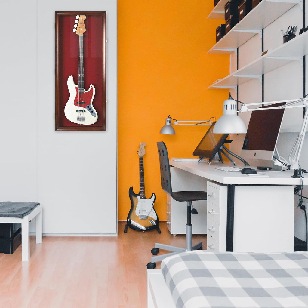 DisplayGifts 42' Electric Guitar Display Case Cabinet Shadow Box with Guitar Hanger Stand, Lockable UV Protection Red Felt Interior with Mahogany Finish Frame