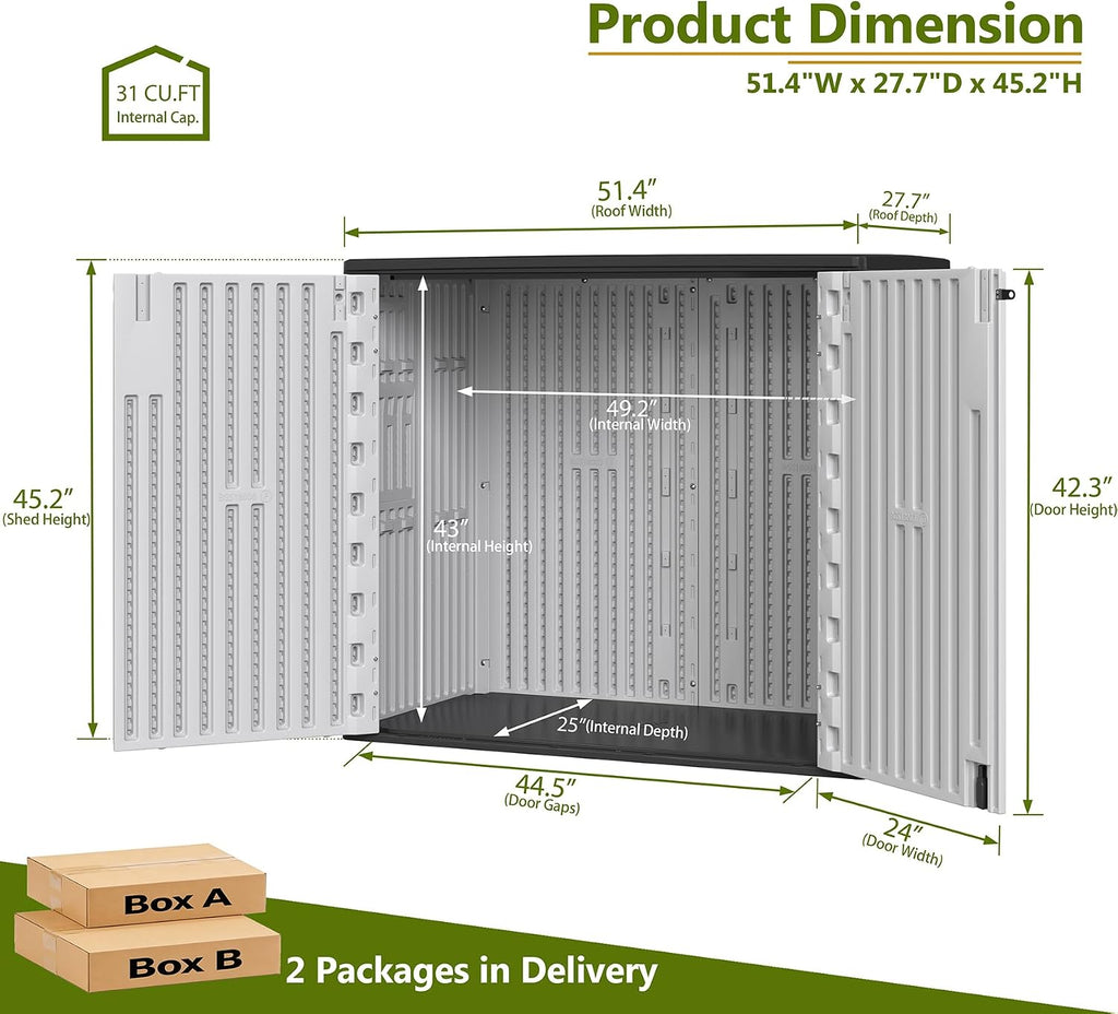 ZZM 37 Cu.ft Outdoor Storage Cabinet with One Tool Kit, Horizontal Storage Shed for Garage, Bike, Garbage Cans, Garden Accessories