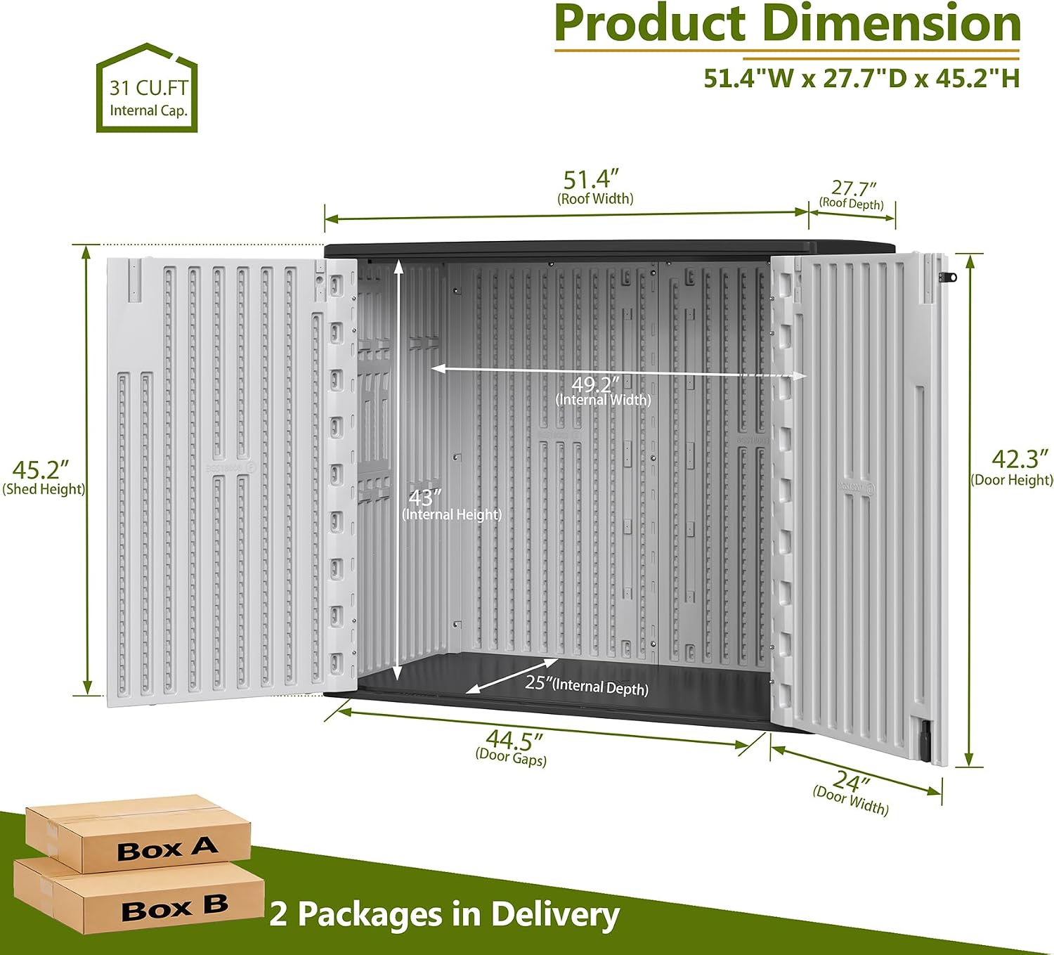 ZZM 37 Cu.ft Outdoor Storage Cabinet with One Tool Kit, Horizontal Storage Shed for Garage, Bike, Garbage Cans, Garden Accessories
