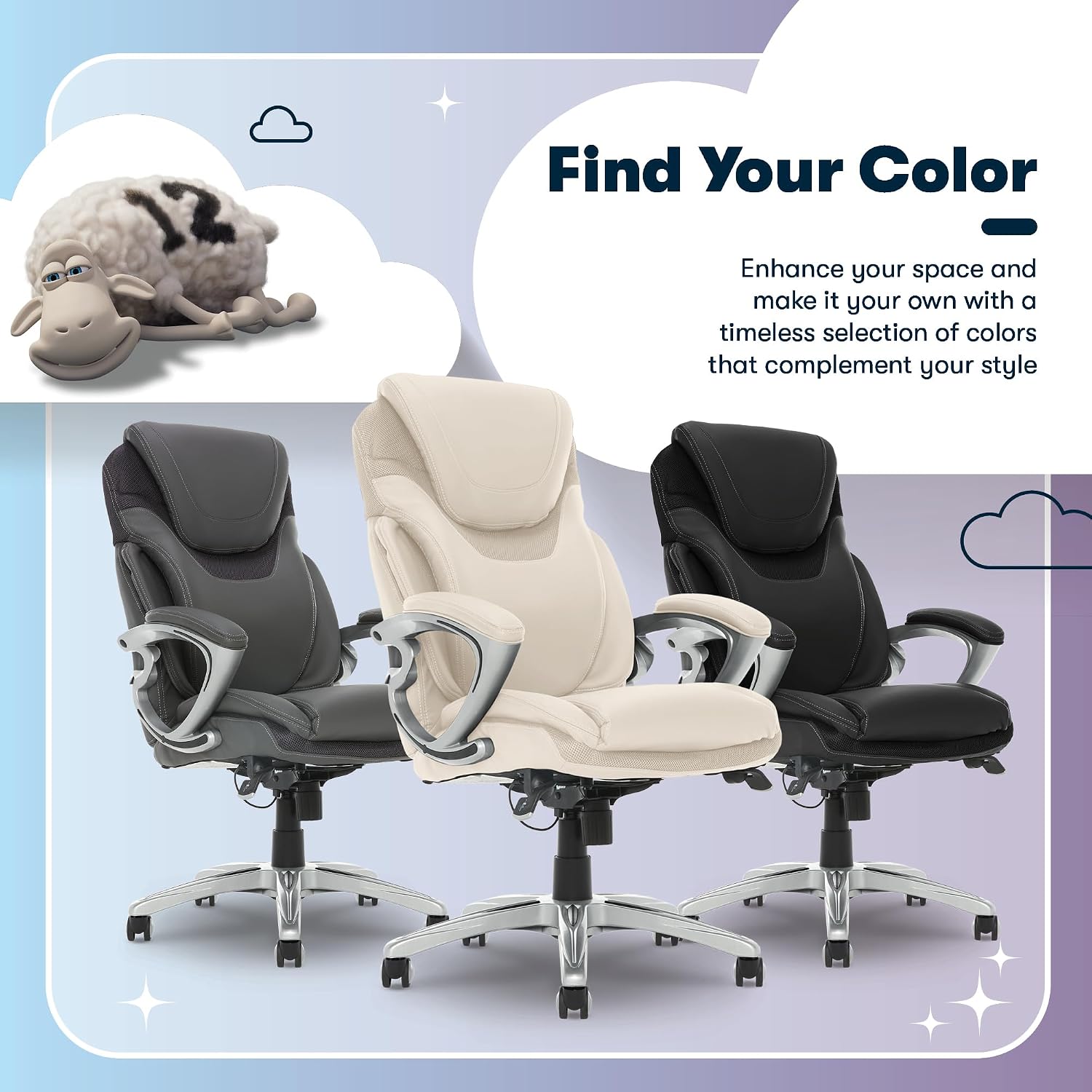 Serta Bryce Executive Office Chair - Ergonomic Computer DeskChair with Lumbar Technology - Adjustable Height - Memory Foam Body Pillows - 360° Swivel Rolling Base - Bonded Leather - Cream
