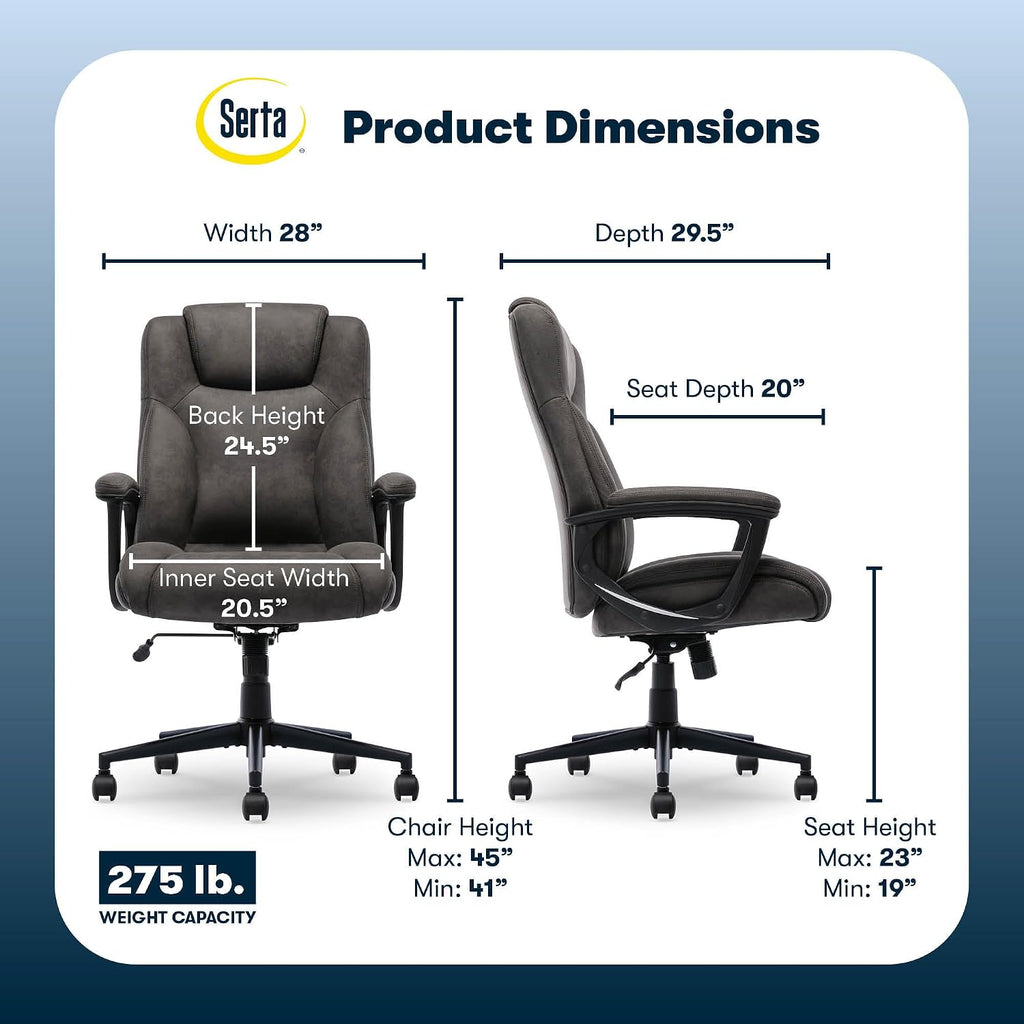 Serta Comfort Eco Office Chair, Ergonomic Mid-Back with Lumbar Support, Semi-Plush Seat Cushion and Layered Body Pillows, Padded Armrests, Metal Swivel Base, Soft Velvet Fabric, Brown