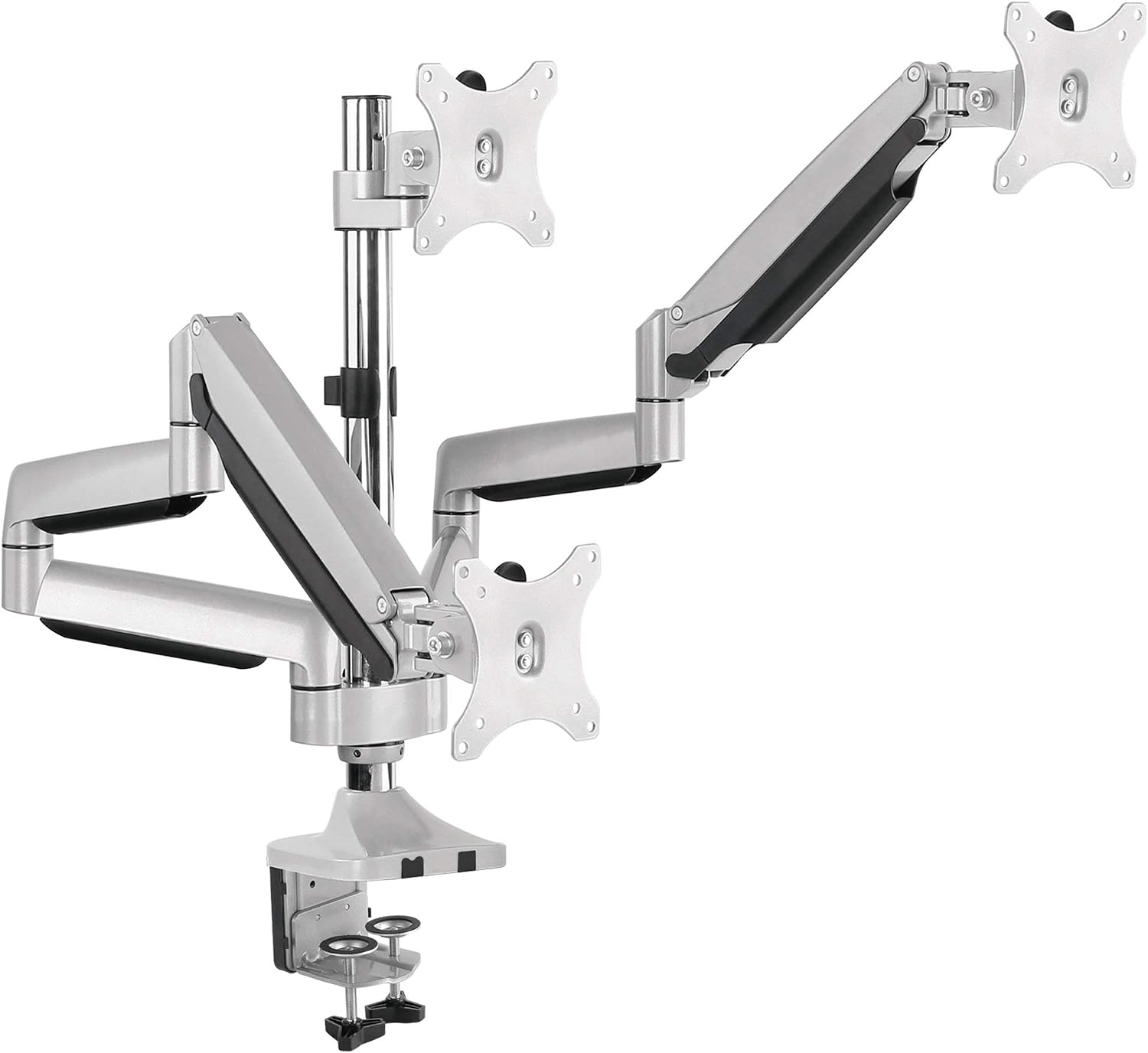 SIIG Triple Monitor Desk Mount-13 to 32',Silver,Premium Gas Spring,for Flat Panel/Curved Monitor,Fully Adjustable, 3 Display(s),Load Bearing 15.4 lbs max Each,VESA 75 x 75, 100 x 100 CE-MT3611-S1