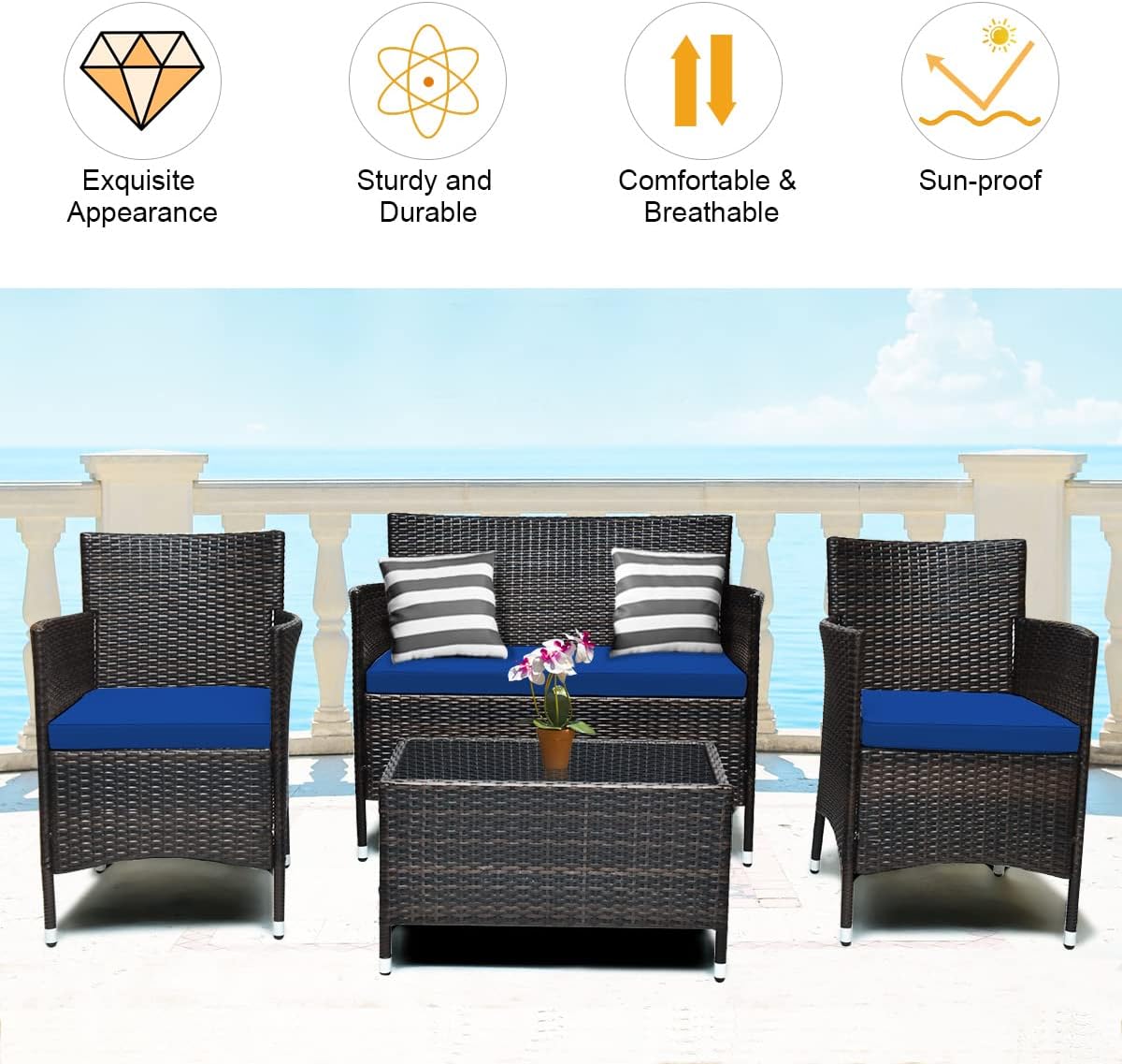 COSTWAY 8PCS Rattan Patio Furniture Set, Outdoor Wicker Rattan Chairs with Coffee Table, Rattan Cushioned Conversation Set for Backyard Balcony Porch Poolside, Navy