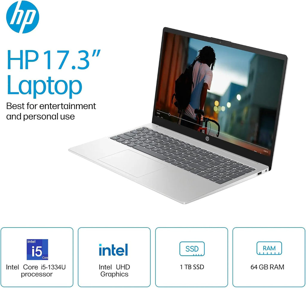 HP 17 Laptop, 17.3' HD+ Screen, Intel i5 1334u(up to 4.6 GHz), 64 GB RAM, 1 TB SSD, Webcam, Intel Graphics, Wi-Fi 6, Long Battery Life, Windows 11 Pro & Office Pro Lifetime License, w/Accessories