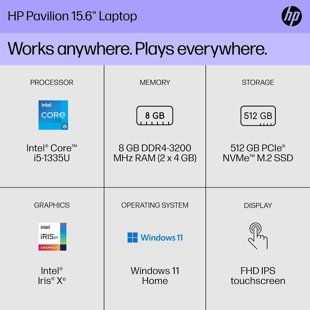HP Pavilion 15 inch Laptop, FHD Touchscreen, 13th Generation Intel Core i5-1335U, 8 GB RAM, 512 GB SSD, Intel Iris Xe Graphics, Windows 11 Home, 15-eg3010nr (2023)