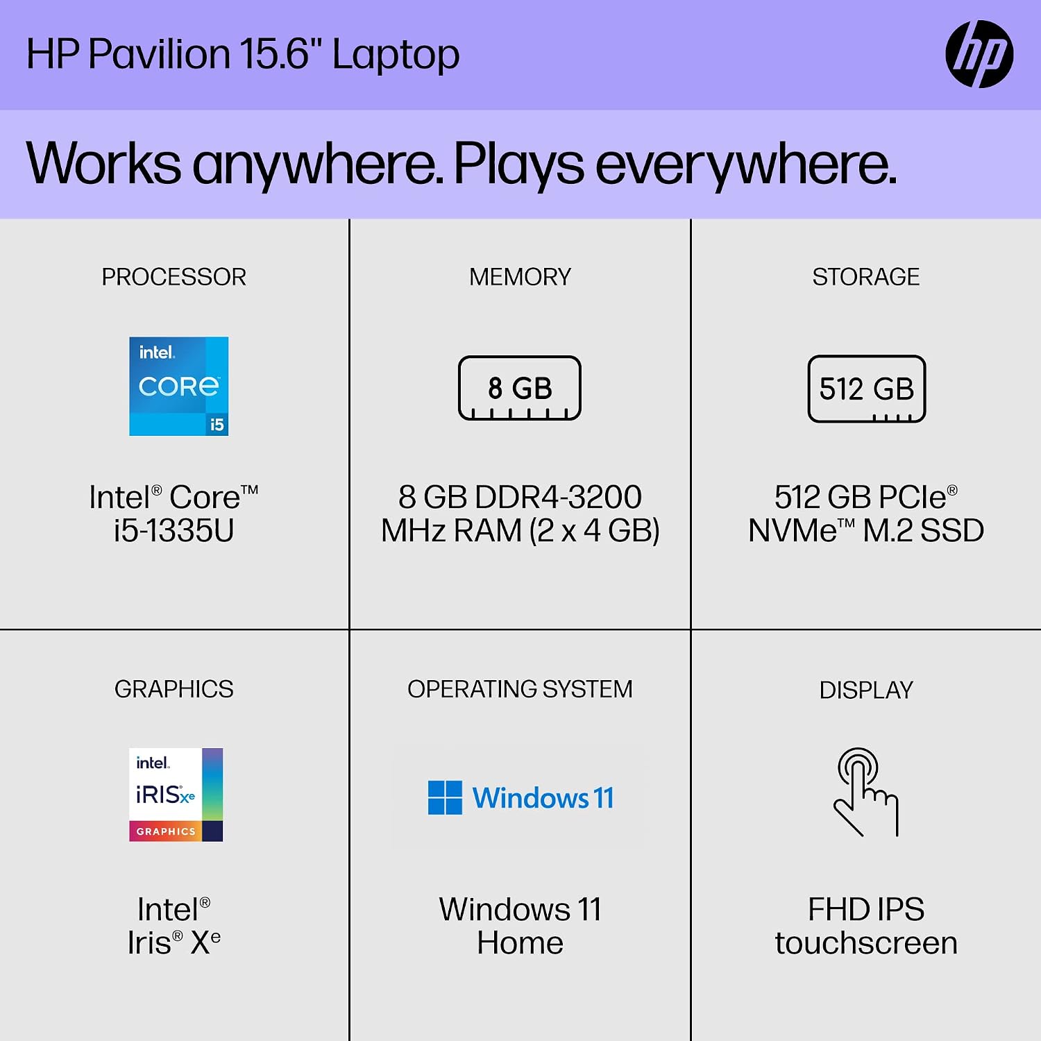 HP Pavilion 15 inch Laptop, FHD Touchscreen, 13th Generation Intel Core i5-1335U, 8 GB RAM, 512 GB SSD, Intel Iris Xe Graphics, Windows 11 Home, 15-eg3010nr (2023)
