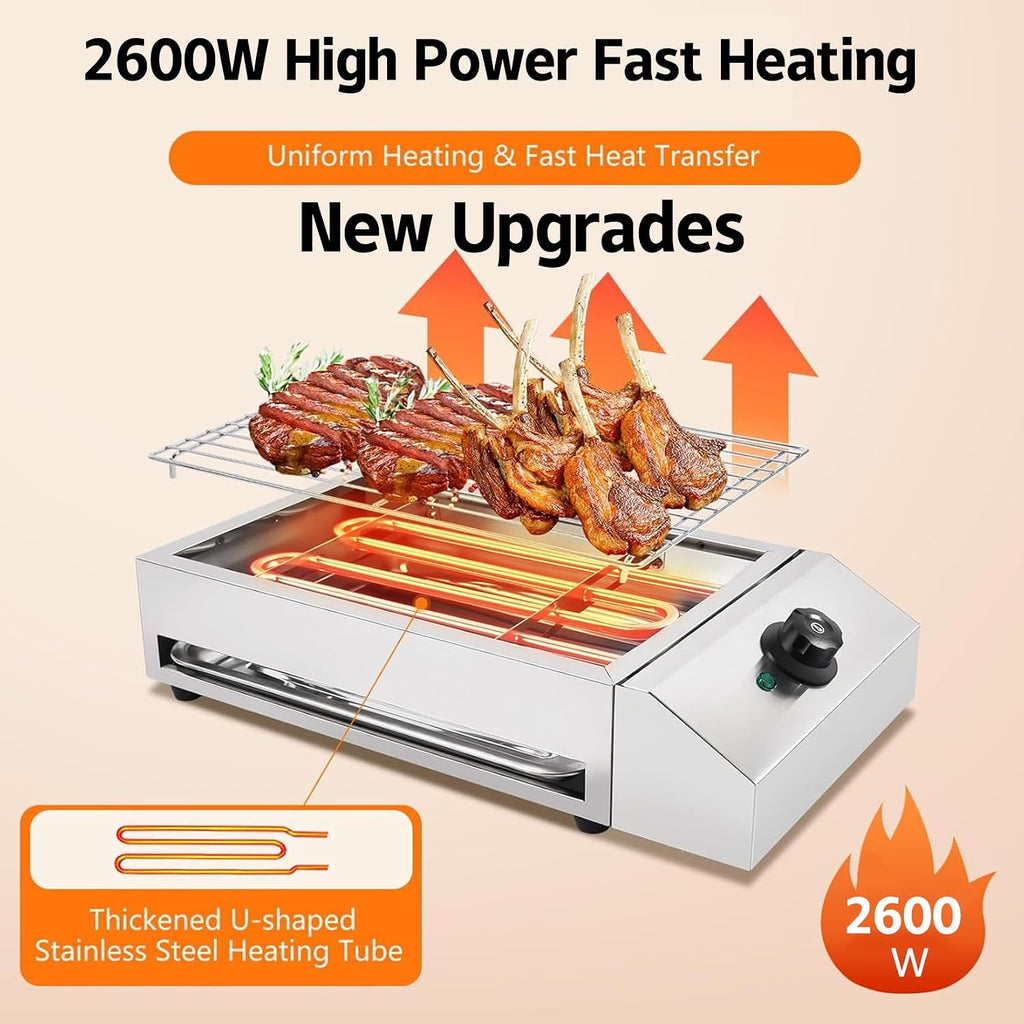 2600W Countertop Electric BBQ Grill, Commercial And Home Use Stainless Steel Barbecue Griddle Smokeless Cooking Oven for Indoor Outdoor Picnic 122° F To 572°F for Burgers Fish Steak