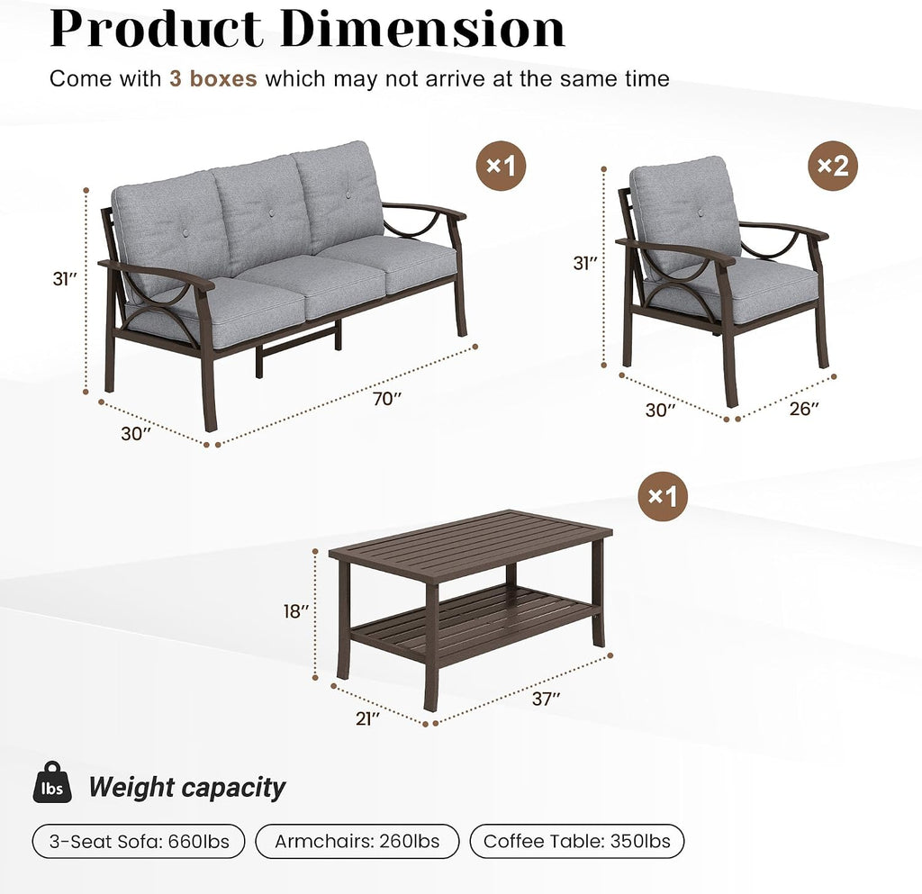 FansaFurn 4-Piece Outdoor Patio Furniture Set, Outdoor Metal Sectional Furniture with Cushions, Outdoor Conversation Seating Set with Coffee Table for Deck, Backyard, Garden, Balcony, Grey