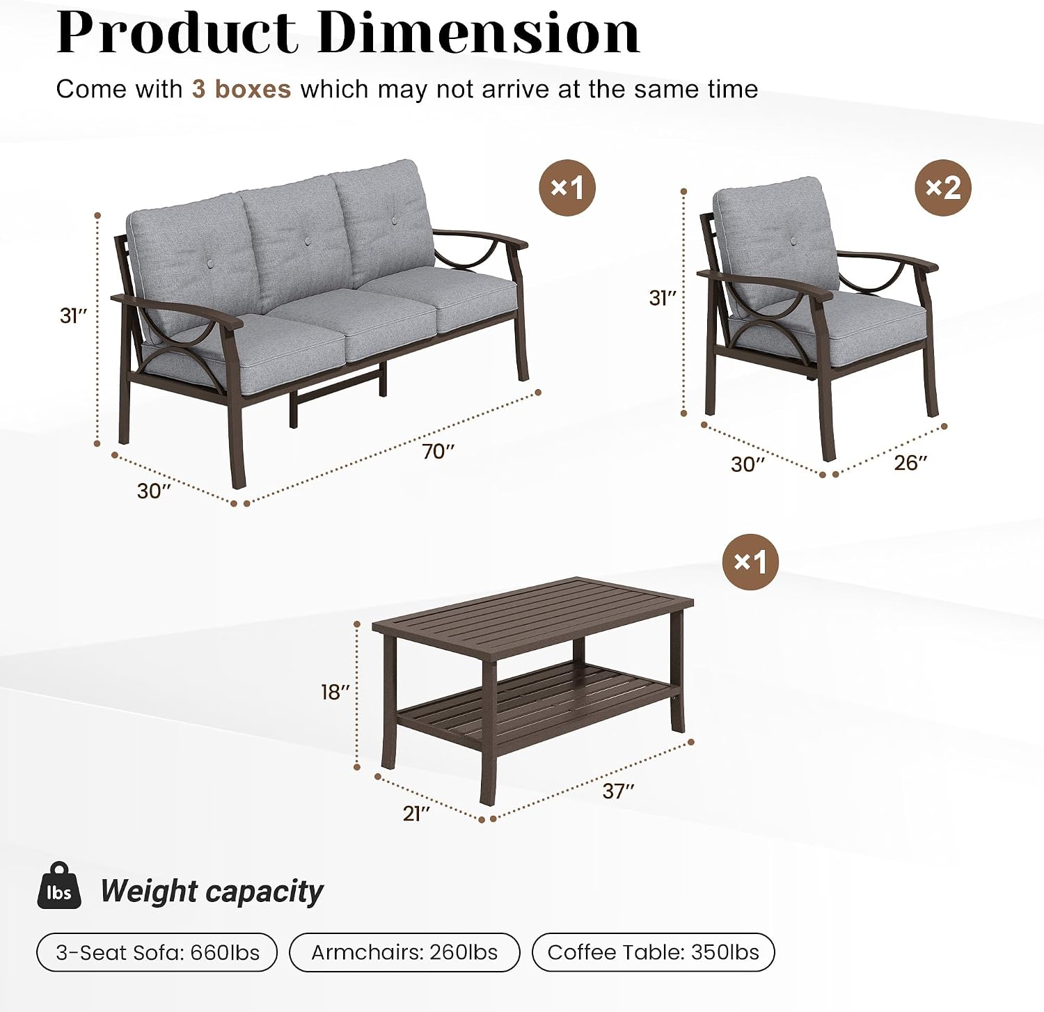 FansaFurn 4-Piece Outdoor Patio Furniture Set, Outdoor Metal Sectional Furniture with Cushions, Outdoor Conversation Seating Set with Coffee Table for Deck, Backyard, Garden, Balcony, Grey