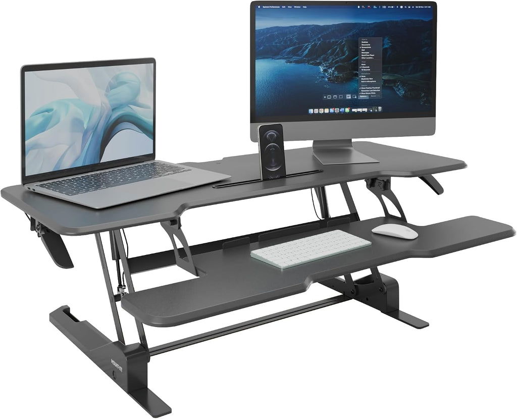 Mount-It! 47' Standing Desk Converter, XL Desktop Sit-Stand Desk Riser with Gas Spring Height Adjustment, Wide Desk Topper for Dual Monitors or Monitor & Laptop, Keyboard Tray, Black