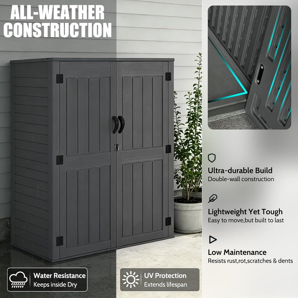 EHHLY Vertical Resin Storage Shed with 2 Shelves, 60 Cuft Garden Tool Sheds & Outdoor Storage, Plastic Outdoor Storage Cabinet Waterproof, 4.5 x 2.3 ft Backyard Outside Lawn Mower Storage Shed, Grey