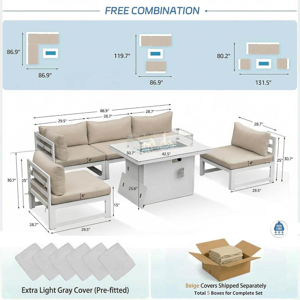 NICESOUL® 6 Piece Modern Extra-Large Aluminum Patio Furniture Set with Fire Pit Table Propane/Natural Gas, 29'' Deep Wide Seated Outdoor Conversation Sofas, 500lbs Heavy Duty L Shaped Sectional, Beige