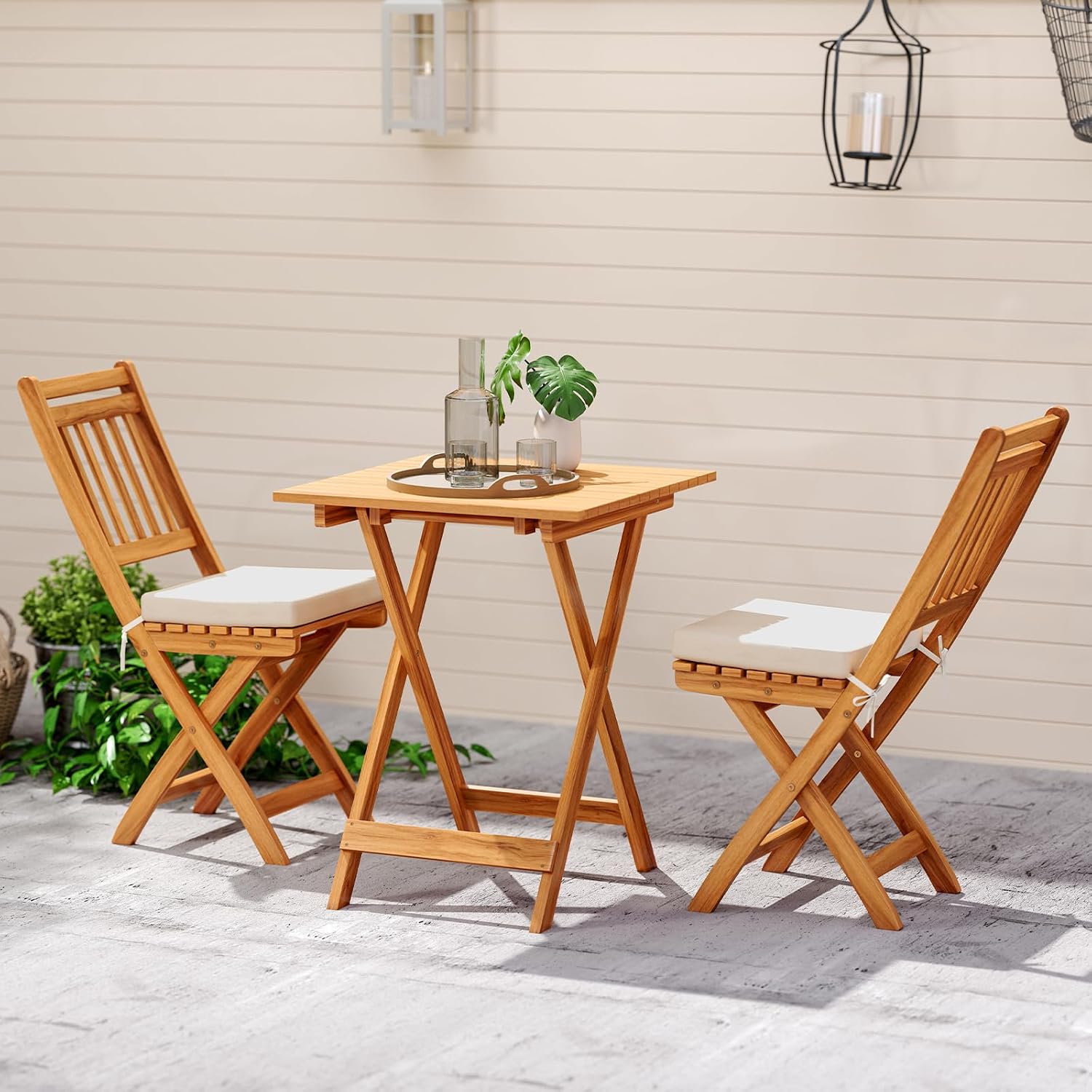 HAPPYGRILL 3-Piece Folding Bistro Set Acacia Wood Patio Furniture Set with Seat Cushions, Outdoor Square Table and Chairs Set of 2 for Backyard, Balcony, Porch, Garden (Back Style B)