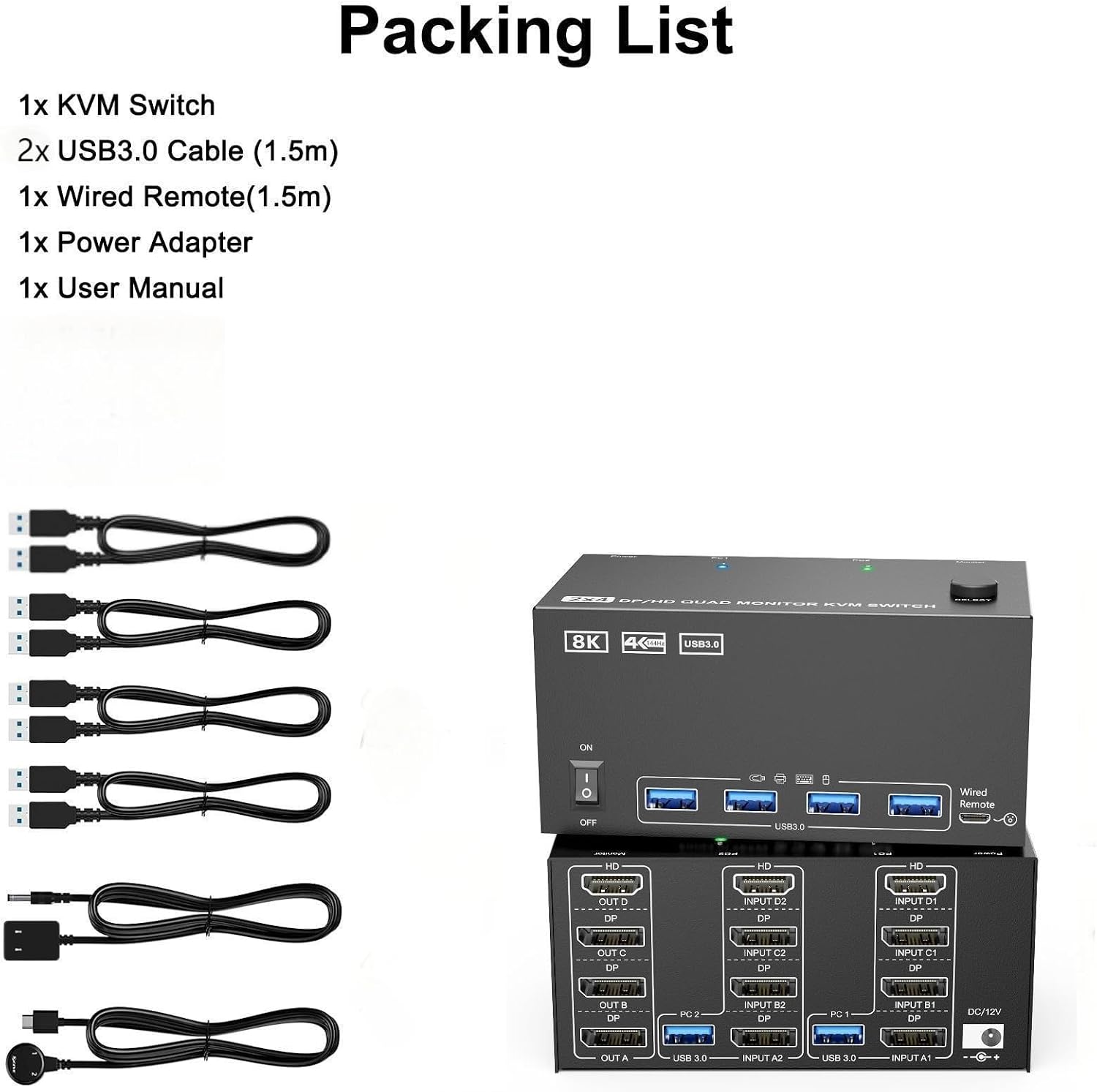 KVM Switch 4 Monitors 2 Computers,USB 3.0 HDMI+DisplayPort Four Monitor KVM for 2 PC Share 4 Display 4USB(204 1H3D)