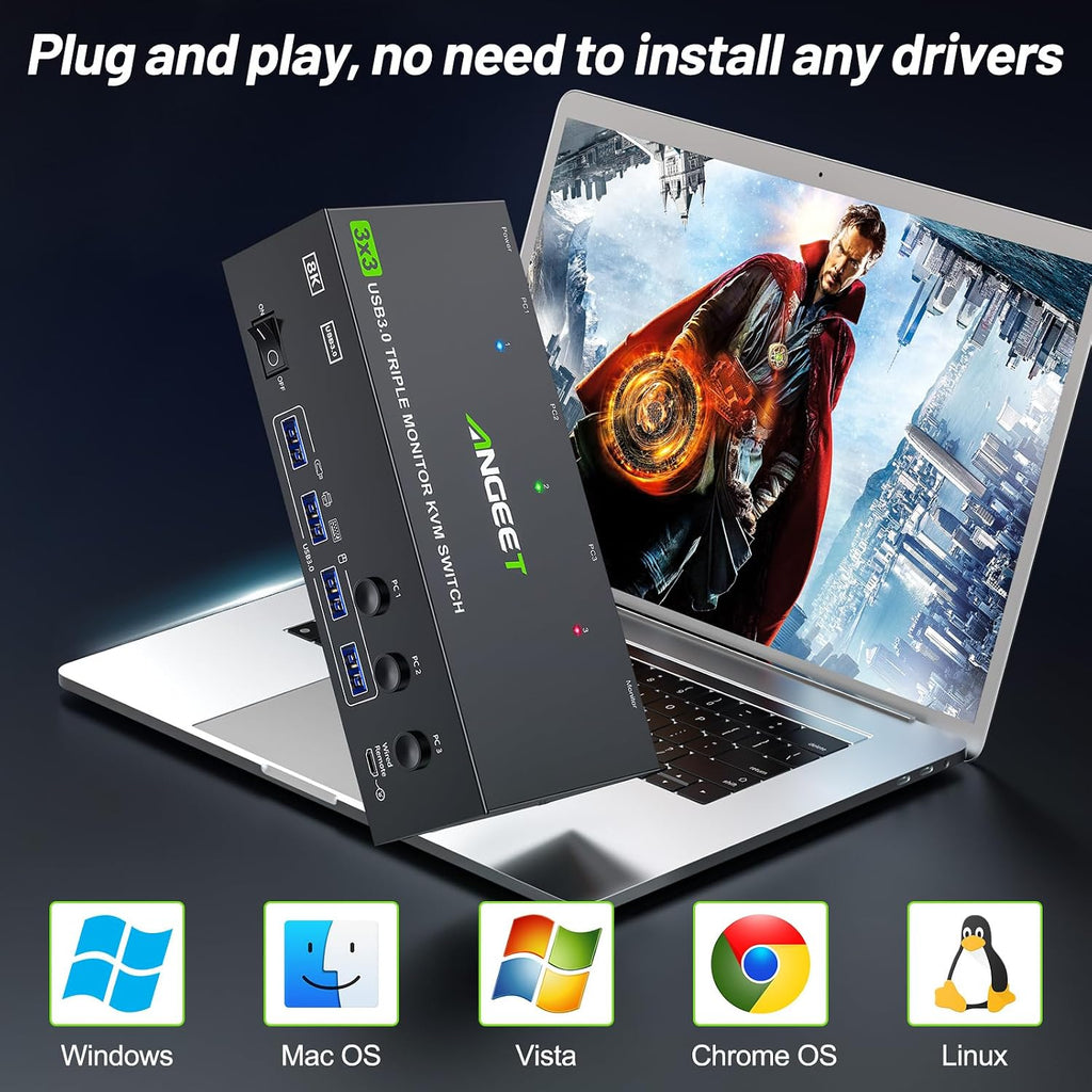 KVM Switch 3 Monitors 4 Computers 4K@60Hz,EDID Simulation,HDMI Displayport Triple Monitor KVM Switch,3 Monitor KVM with 4 USB 3.0 Ports for Keyboard Mouse, Wired Remote and 4 USB3.0 Cables Included