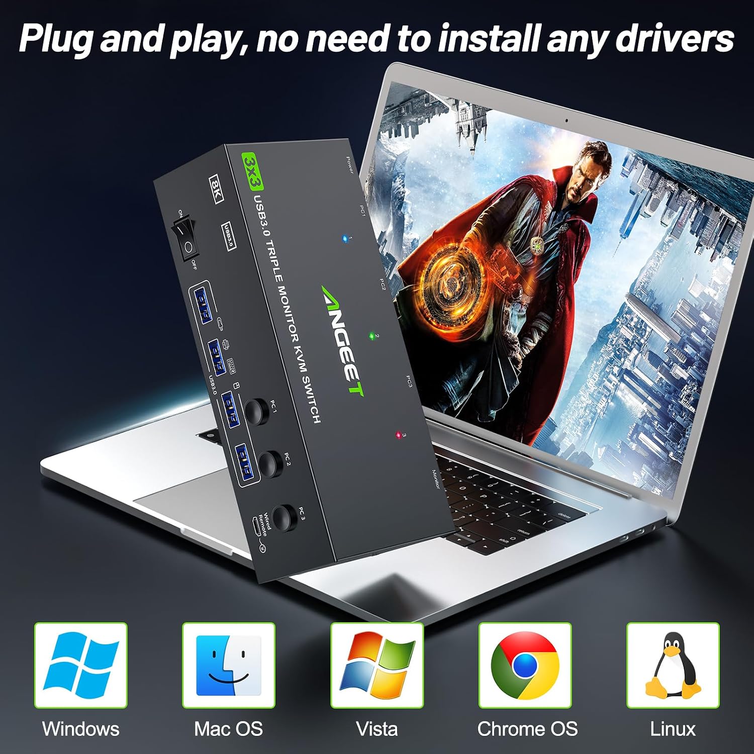 KVM Switch 3 Monitors 4 Computers 4K@60Hz,EDID Simulation,HDMI Displayport Triple Monitor KVM Switch,3 Monitor KVM with 4 USB 3.0 Ports for Keyboard Mouse, Wired Remote and 4 USB3.0 Cables Included