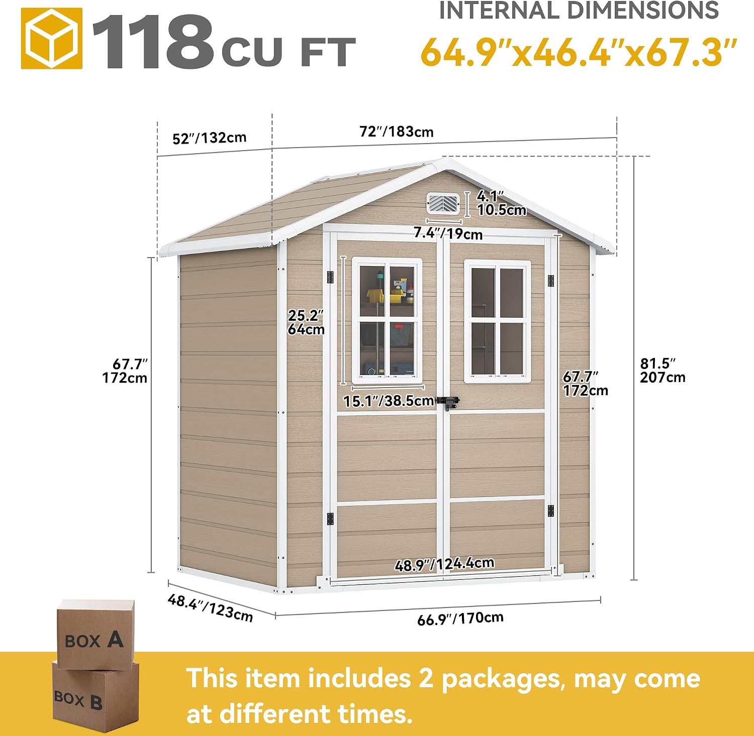 DWVO 6x4.4 FT Outdoor Storage Shed, Plastic Garden Tool Shed with 2 Windows, Double-Wall Outside Shed for Lawn Mower, Garden Tool for Backyard, Patio, Lockable, Beige