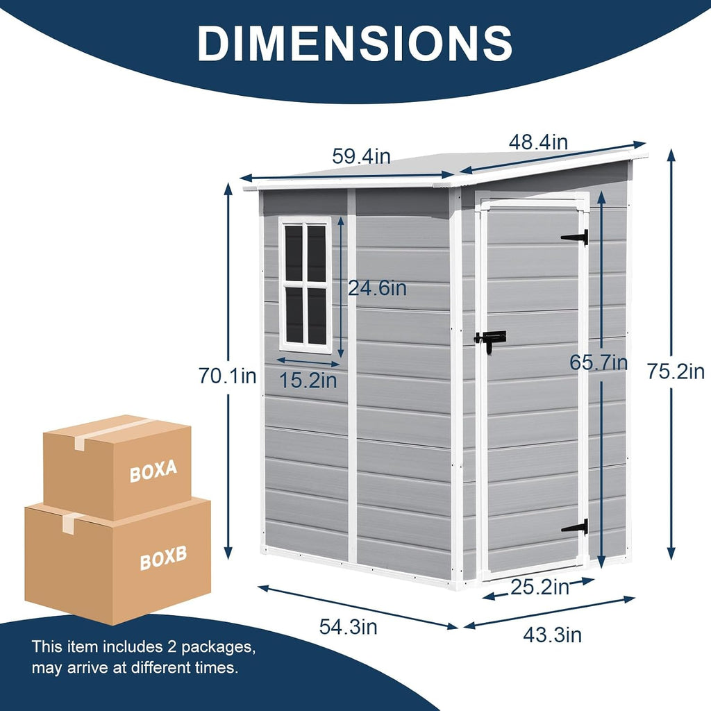 5x4 FT Small Resin Shed, Waterproof Outdoor Shed with Floor, Window, Double Lockable Doors & 2 Vents, Outside Plastic Sheds for Garden Patio Backyard, Sloped Roof, Grey