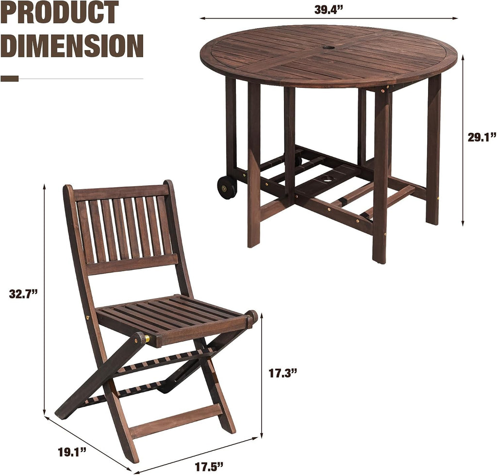 Devoko 5 PCS Patio Furniture, Patio Dining Set Acacia Wood Outdoor Table and Chairs, with 4 Folding Chairs and 37' Round Movable Table, Outdoor Dining Set for Lawn, Balcony, Garden (Deep Brown)