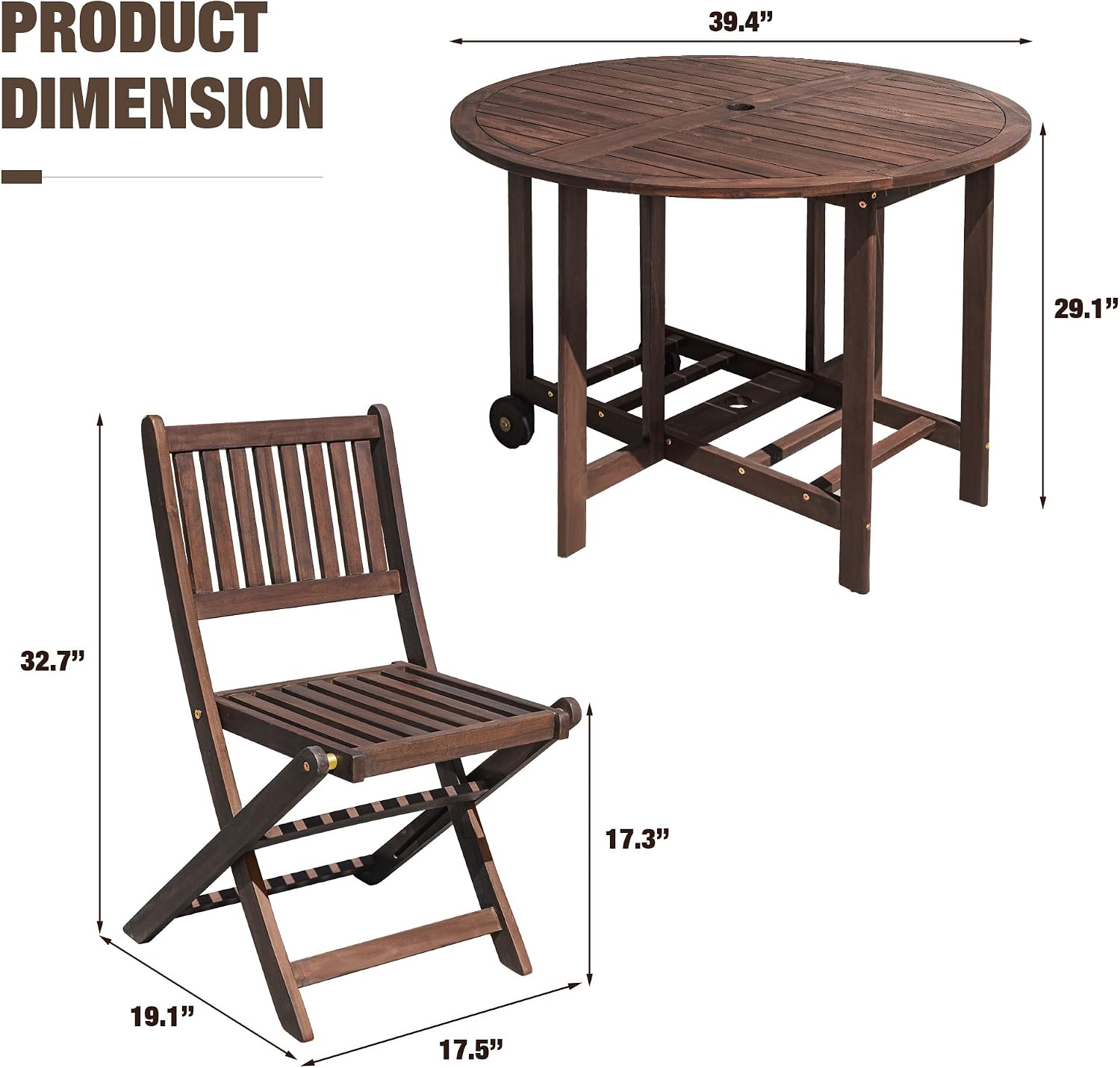 Devoko 5 PCS Patio Furniture, Patio Dining Set Acacia Wood Outdoor Table and Chairs, with 4 Folding Chairs and 37' Round Movable Table, Outdoor Dining Set for Lawn, Balcony, Garden (Deep Brown)