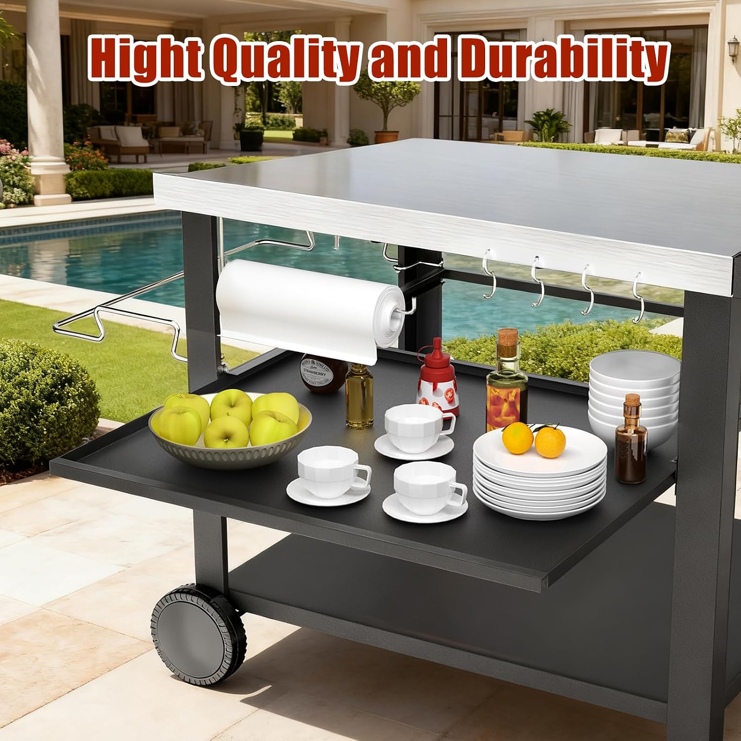 Outdoor Kitchen Island, Grill Cart with Drawer, Pizza Oven Stand, Movable 3-Shelf Prep Table with Side Table for Ninja Woodfire, Ooni Pizza Oven, Blackstone Griddle, Cuisinart, Cooking Station
