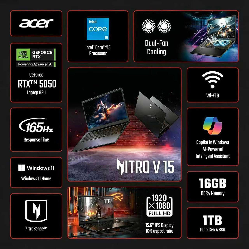 acer Nitro V Gaming Laptop, 15.6' FHD IPS Display, 165Hz, Intel i5-13420H, NVIDIA GeForce RTX 5050 with 8GB GDDR7 VRAM, 16GB RAM, 1TB SSD, BK, Win11H, Obsidian Black, TWE Accessories