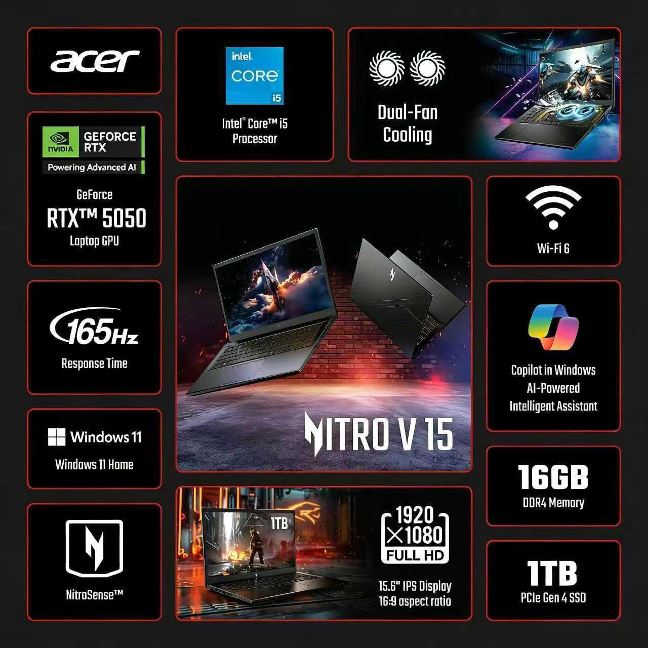 acer Nitro V Gaming Laptop, 15.6' FHD IPS Display, 165Hz, Intel i5-13420H, NVIDIA GeForce RTX 5050 with 8GB GDDR7 VRAM, 16GB RAM, 1TB SSD, BK, Win11H, Obsidian Black, TWE Accessories