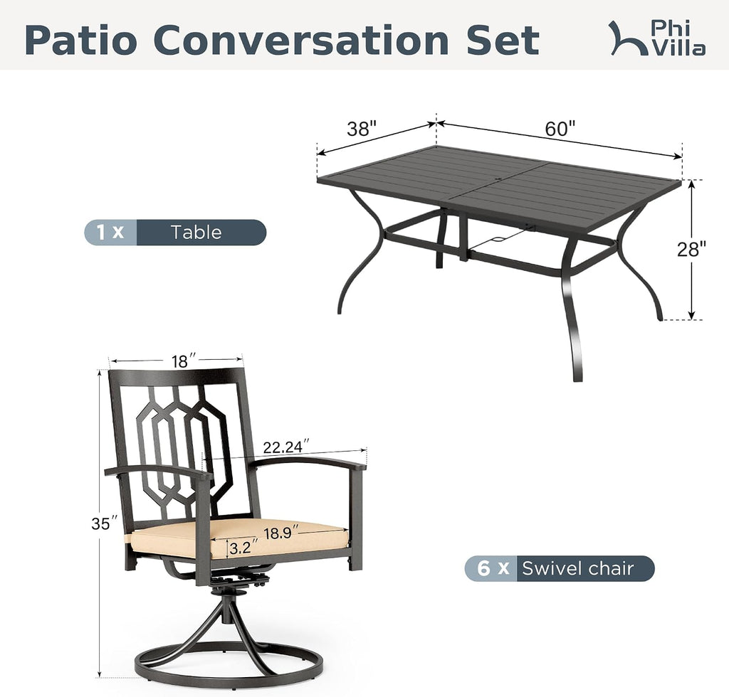 PHI VILLA 7 Pieces Patio Dining Set for 6, 60' Rectangle Metal Steel Table with Umbrella Hole & Swivel Wrought Iron Chairs with Cushions, Large Outdoo Furniture Set for Deck, Porch, Yard