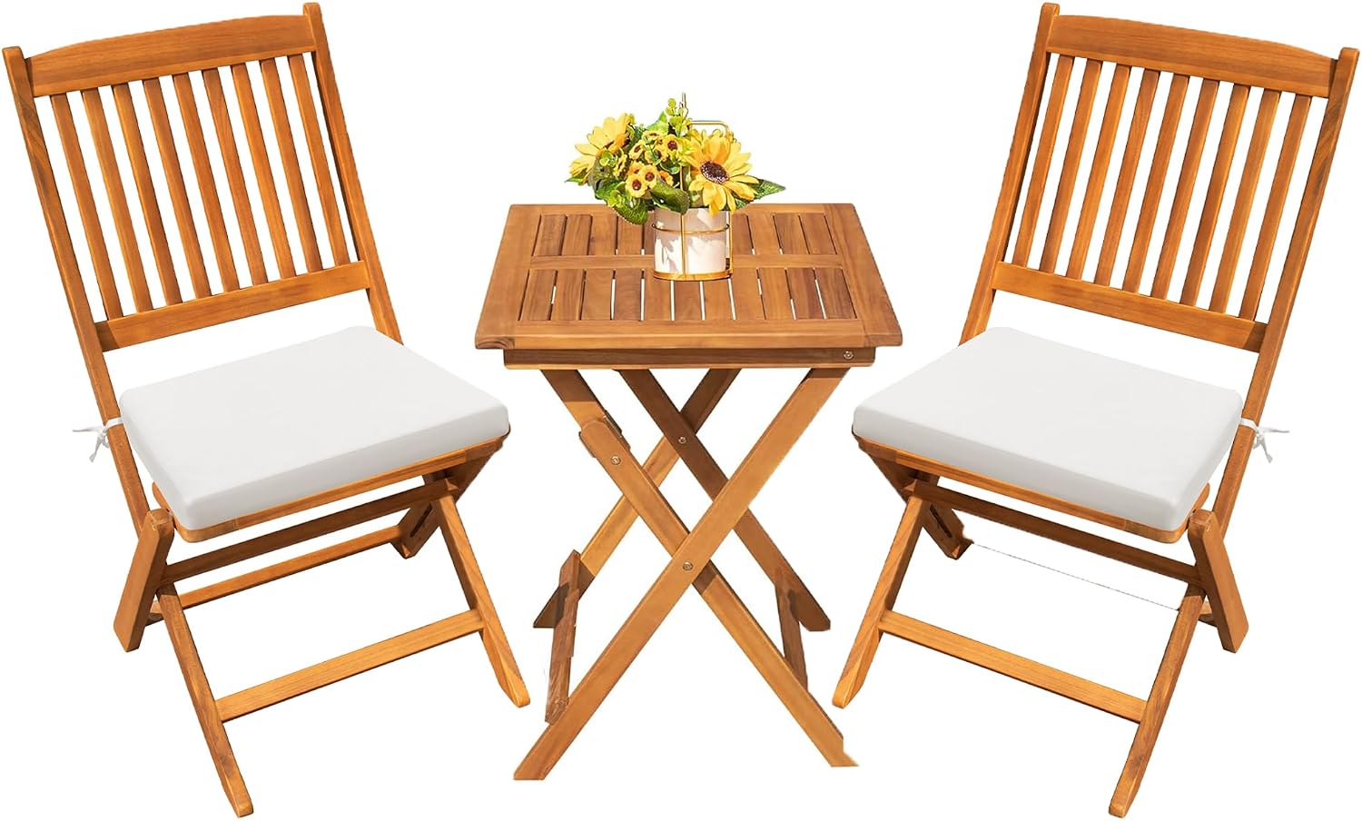 Devoko Outdoor 3 Piece Folding Patio Bistro Set Acacia Wood Bistro Table and Chairs Set of 2 for Garden Poolside Backyard Balcony Porch Deck