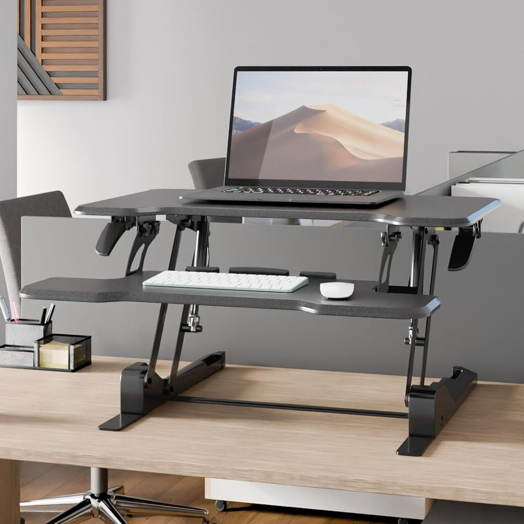 Mount-It! Height Adjustable Standing Desk Converter, Compact 30' Wide Tabletop Standing Desk Riser with Gas Spring, Desktop Stand Up Workstation with Keyboard Tray Fits Monitor or Laptop, Black