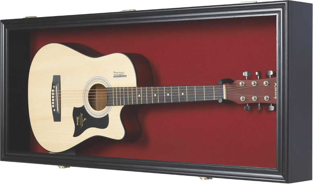 DisplayGifts 42' Electric Guitar Display Case Cabinet Shadow Box with Guitar Hanger Stand, Lockable UV Protection Red Felt Interior with Black Finish Frame