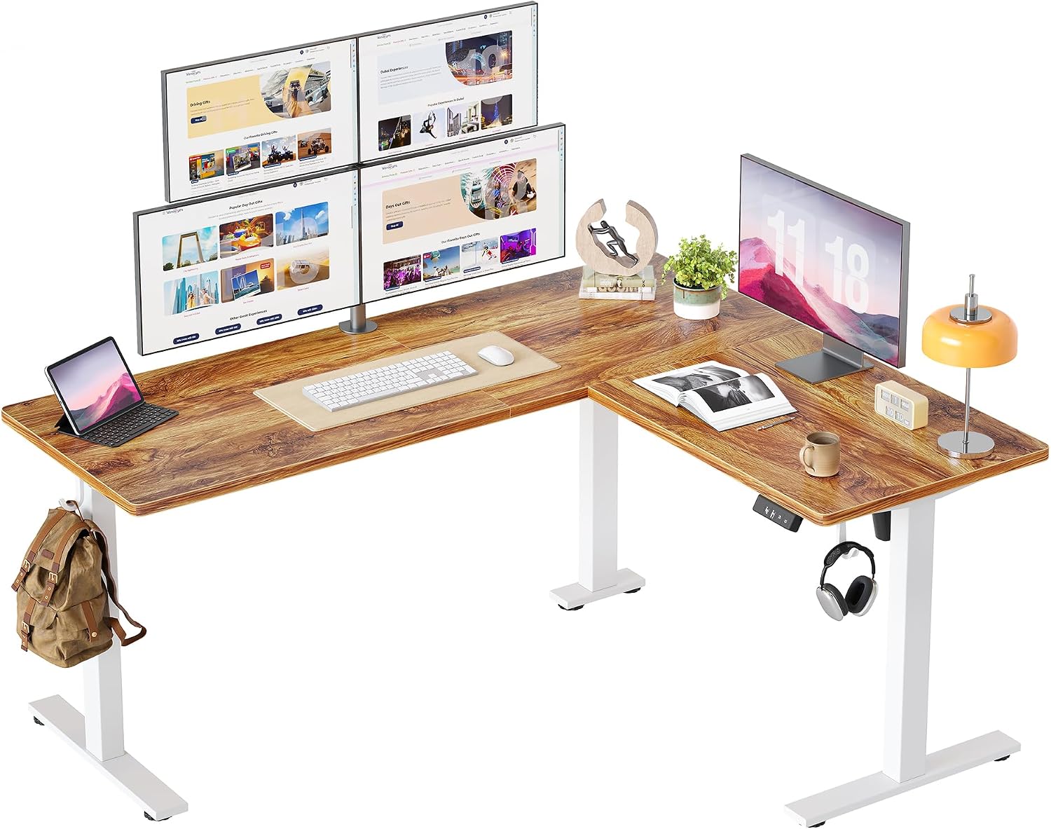 TIQLAB Standing Desk L Shaped, 63x55 Inch Adjustable Height, Electric Stand Up Desk, Corner Sit Stand Desk with Splice Board, Light Rustic Brown
