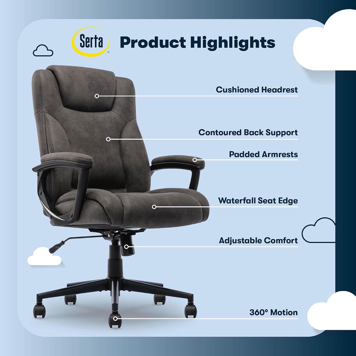 Serta Comfort Eco Office Chair, Ergonomic Mid-Back with Lumbar Support, Semi-Plush Seat Cushion and Layered Body Pillows, Padded Armrests, Metal Swivel Base, Soft Velvet Fabric, Brown