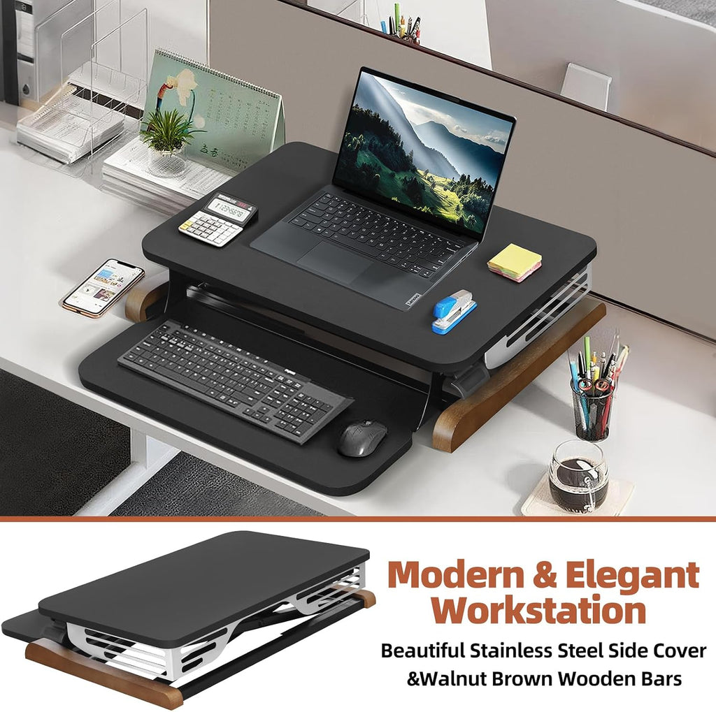Height Adjustable Standing Desk Converter with Keyboard Tray, 26x16 Inch, Sit to Stand Desk Riser with Elegant Side Cover and Wooden Feet, Compact Monitor and Laptop Riser for Home & Office, Black