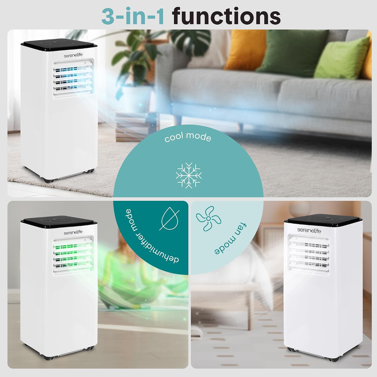 SereneLife 8000 BTU Portable Air Conditioner, Compact 3-in-1 Portable AC for Room Up to 350 Sq Ft with Dehumidifier & Fan Function, Remote Control, Window Mount Kit, Single Duct, 13' x 11' x 26'