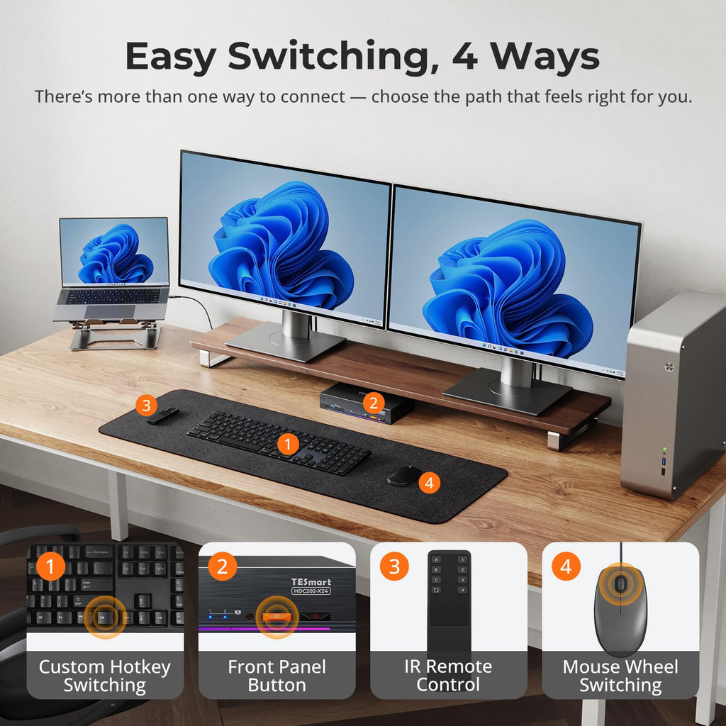 TESmart Thunderbolt 4 KVM Switch 2 Monitors 2 Computers 4K@60Hz, HDMI+DisplayPort KVM Switch Dual Monitor for 1 Laptop (TB4 USB C w/Charging 60W) & 1 Desktop (HDMI 2.0 & DP1.2), Gigabit Network, EDID