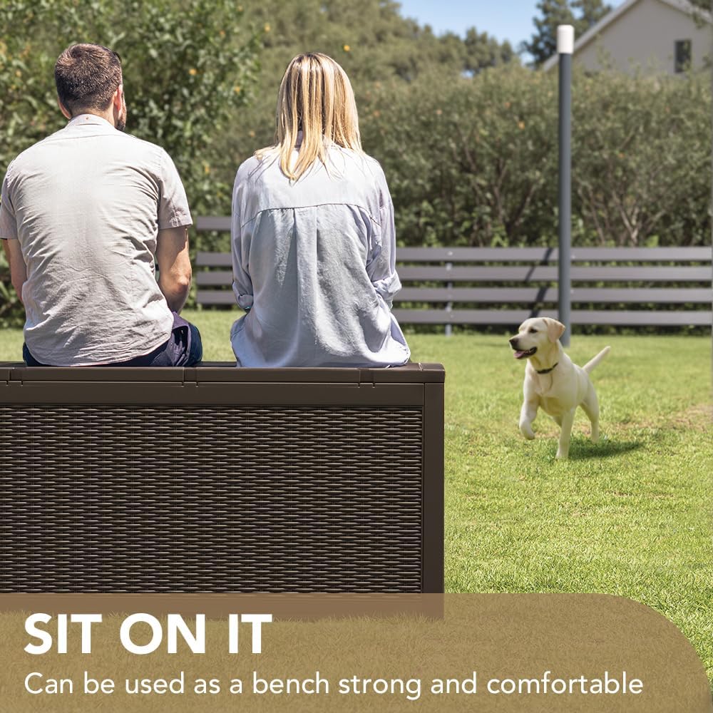 Devoko 95 Gallon Deck Box Large Resin Outdoor Storage Box, Waterproof and UV Resistant Lockable for Outdoor and Patio, Large Storage Cabinet for Patio Furniture, Garden Tools and Pool Supplies, Brown