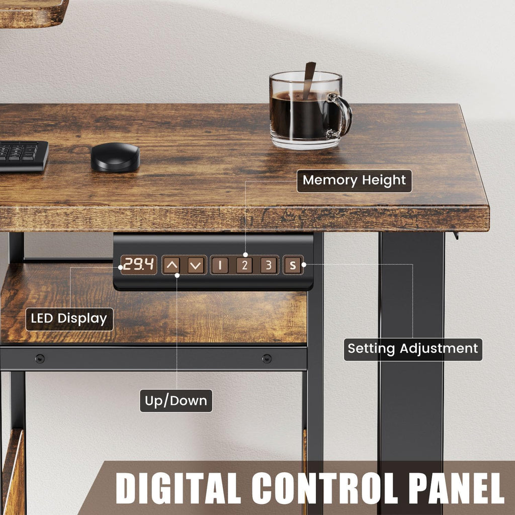 Flycity Electric L Shaped Standing Desk Adjustable Height, 67' x 47' Corner Computer Desk with Host Shelf, Gaming Desk with LED Lights & Power Outlet, Dual Motor Home Office Desk with Storage, Brown