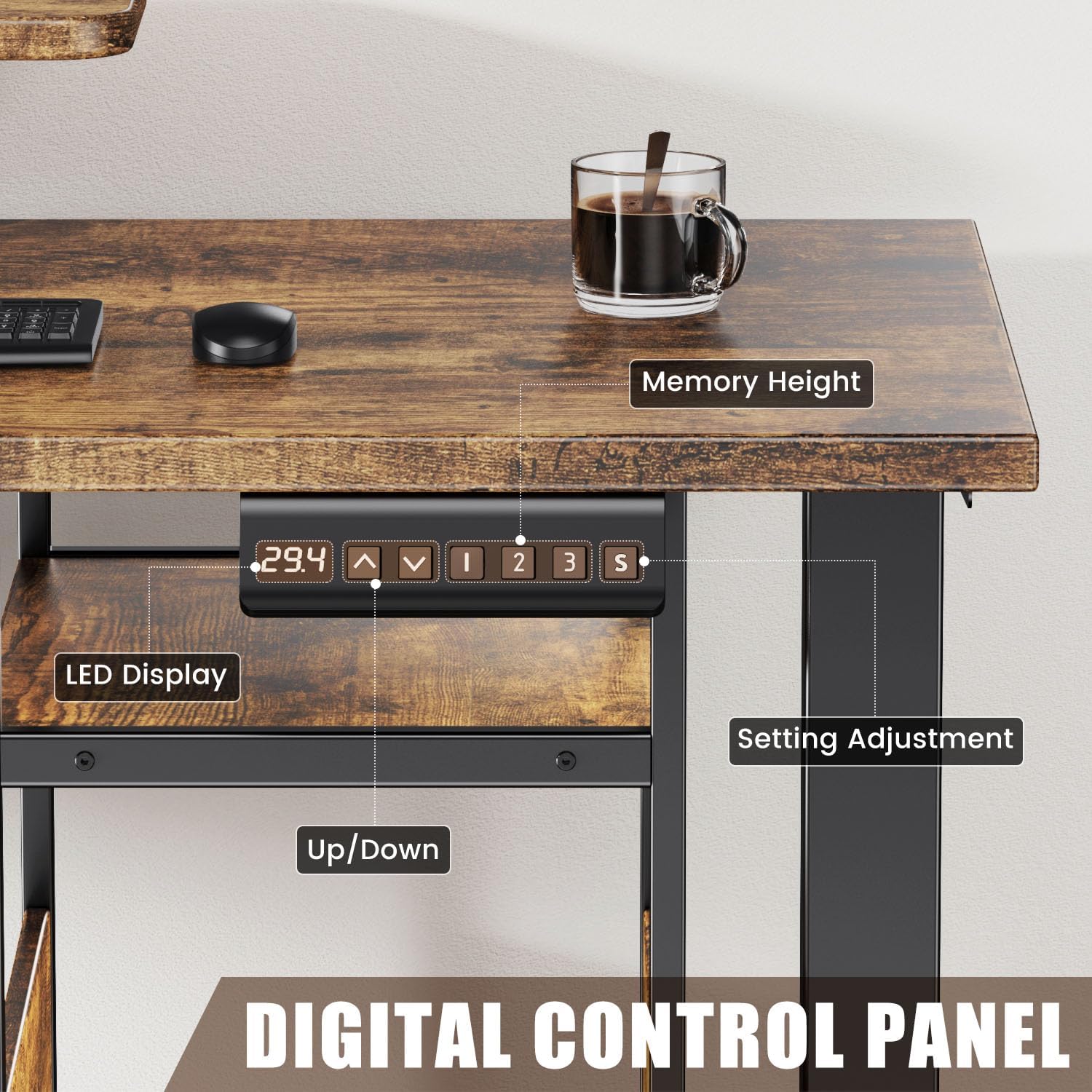 Flycity Electric L Shaped Standing Desk Adjustable Height, 67' x 47' Corner Computer Desk with Host Shelf, Gaming Desk with LED Lights & Power Outlet, Dual Motor Home Office Desk with Storage, Brown