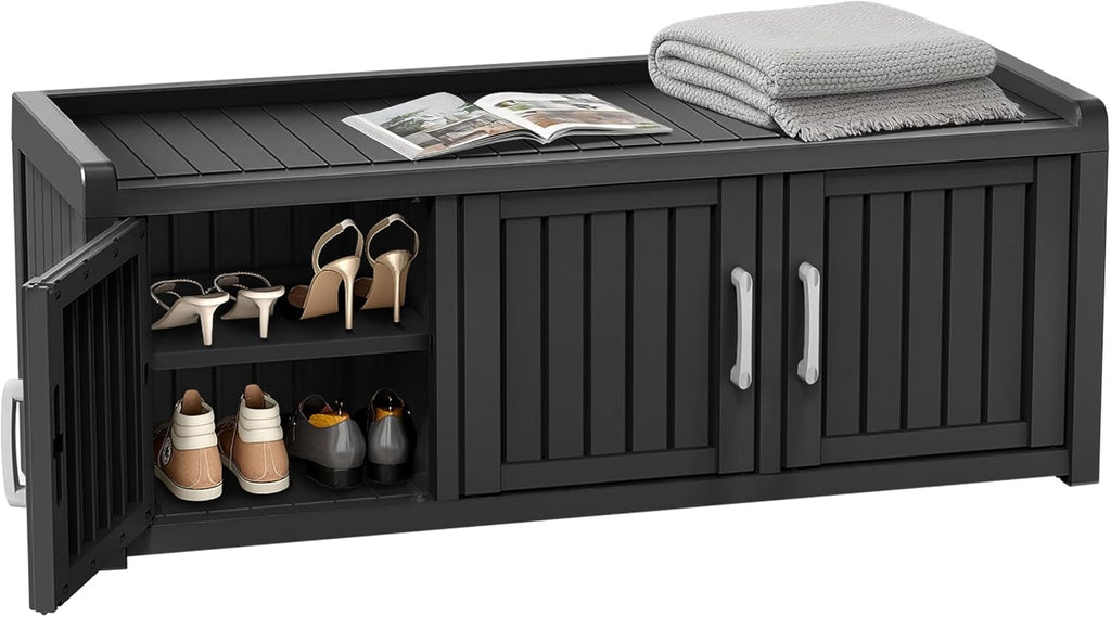 ROJIK Shoe Cabinet Waterproof UV-Resistant,Storage Bench Indoor Outdoor with Adjustable Shelves,for Entryway Bedroom,Hallway,Living Room(3 Door,Black)
