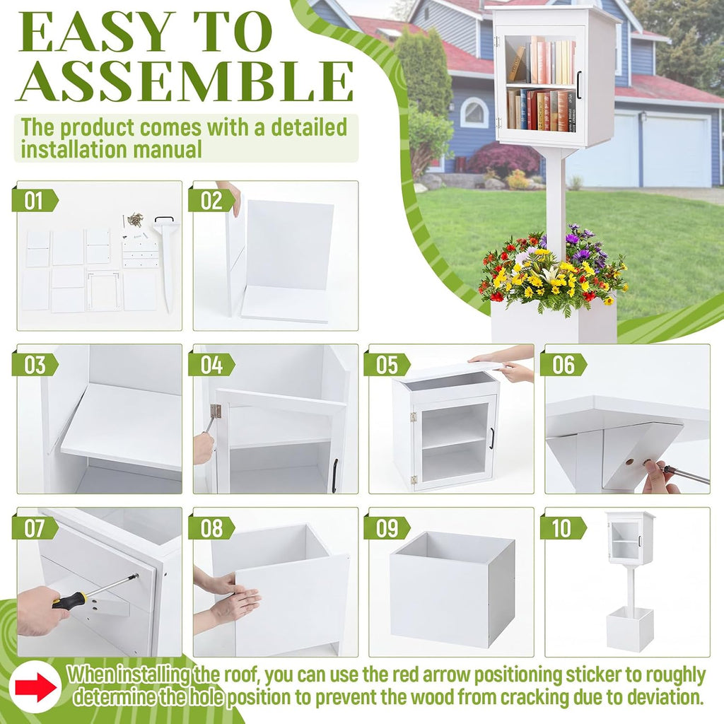 Wonderjune Wooden Little Library Box Outdoor, Weatherproof Double Solid Wood Book Exchange Box with Floor Plugs and Small Flower Fence for Neighborhoods, Community, Literature, School(White)