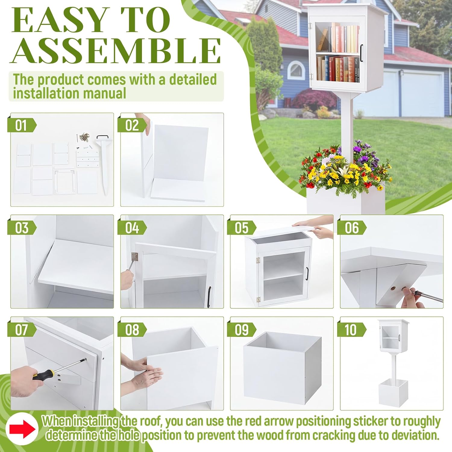 Wonderjune Wooden Little Library Box Outdoor, Weatherproof Double Solid Wood Book Exchange Box with Floor Plugs and Small Flower Fence for Neighborhoods, Community, Literature, School(White)