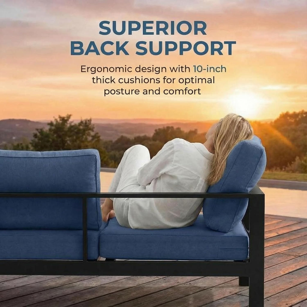 Solaste Aluminum Patio Furniture Set for All Weather, Modern Metal Outdoor Furniture Set with 27.5' Deep Seating and 3.2' Wide Armrest, Outdoor Patio Conversation Set with 10' Back Cushion, Blue